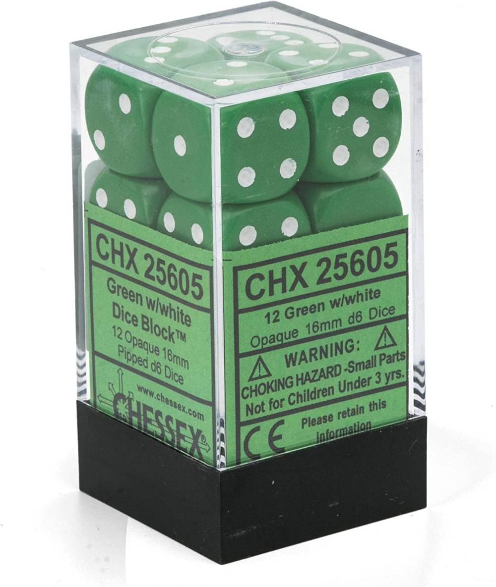 Chessex – Opaque Green/White – 12 Würfel (W6, 16 mm)