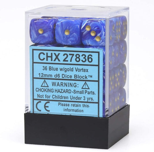 Chessex – Vortex Blue/Gold – 36 Würfel (W6, 12 mm)