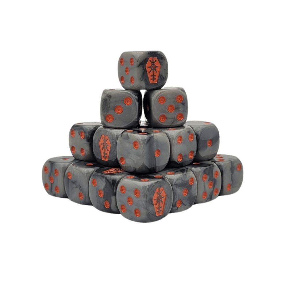 Baron of Dice – Day of the Dead (Orange Coffin) – 25 Würfel (W6, 16 mm, abgerundet)