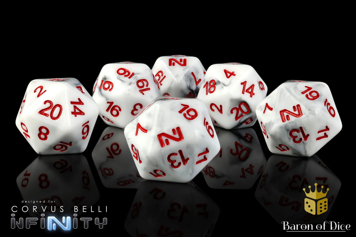 Baron of Dice – Infinity N4 Marbled – 6 Würfel (W20, 22 mm)