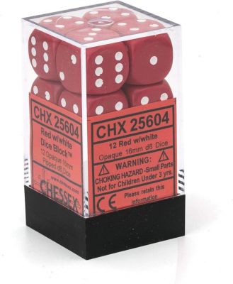 Opaque 16mm d6 with pips Dice Blocks (12 Dice) - Red w/white