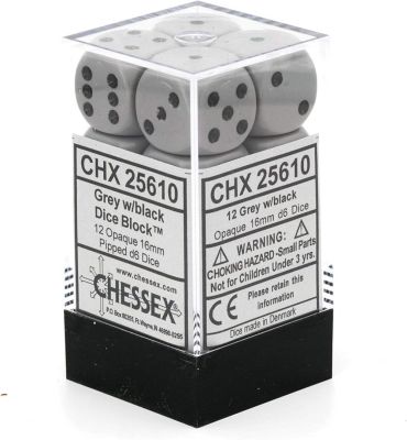 Opaque 16mm d6 with pips Dice Blocks (12 Dice) - Grey...