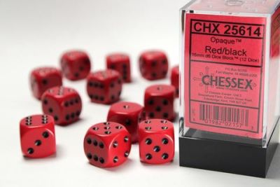 Opaque 16mm d6 with pips Dice Blocks (12 Dice) - Red w/black