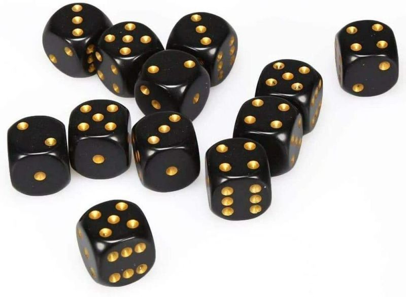 Opaque 16mm d6 with pips Dice Blocks (12 Dice) - Black w/gold