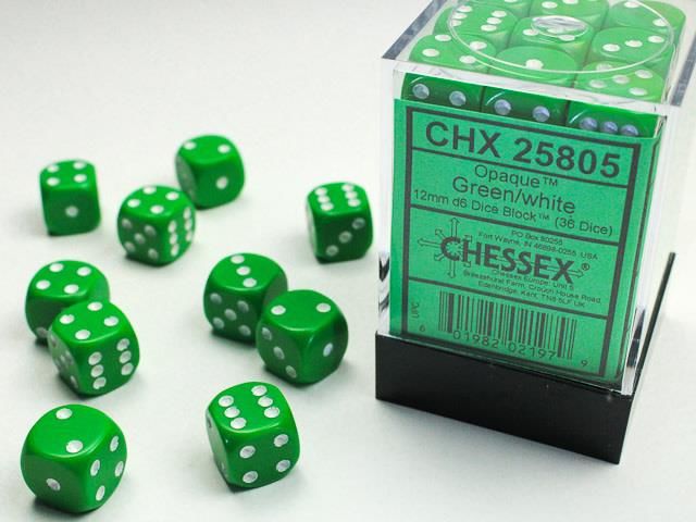 Opaque 12mm d6 with pips Dice Blocks (36 Dice) - Green w/white
