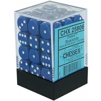 Opaque 12mm d6 with pips Dice Blocks (36 Dice) - Blue w/white