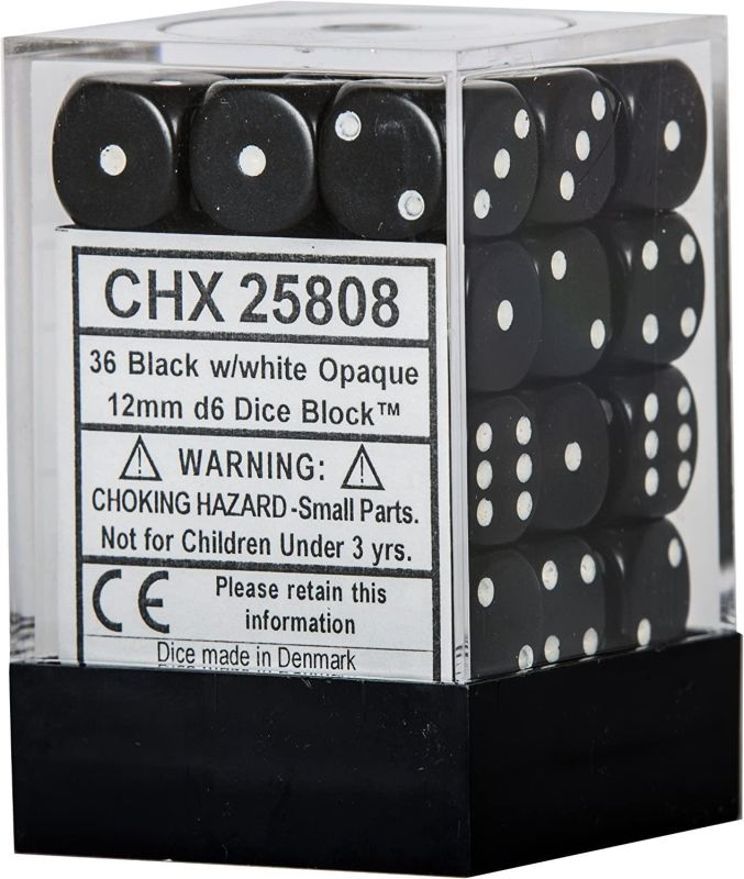 Opaque 12mm d6 with pips Dice Blocks (36 Dice) - Black w/white