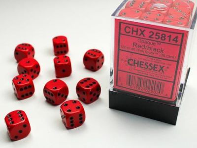 Opaque 12mm d6 with pips Dice Blocks (36 Dice) - Red w/black