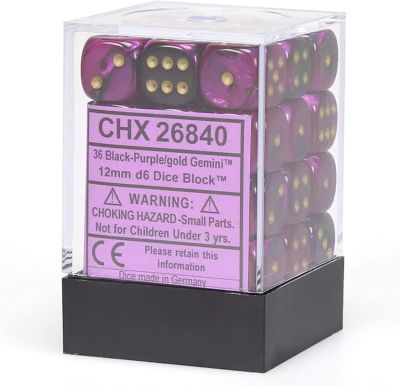 Gemini 12mm d6 Dice Blocks with pips Dice Blocks (36 Dice) - Black-Purple w/gold