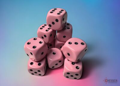 Opaque Pastel 16mm d6 Dice Blocks (12 Dice) Pink/black